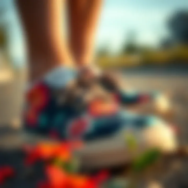 Close-up of vibrant floral designs on footwear