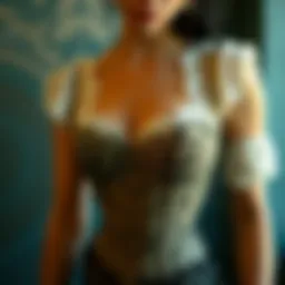 A vintage hook eye corset top showcasing intricate lace details.