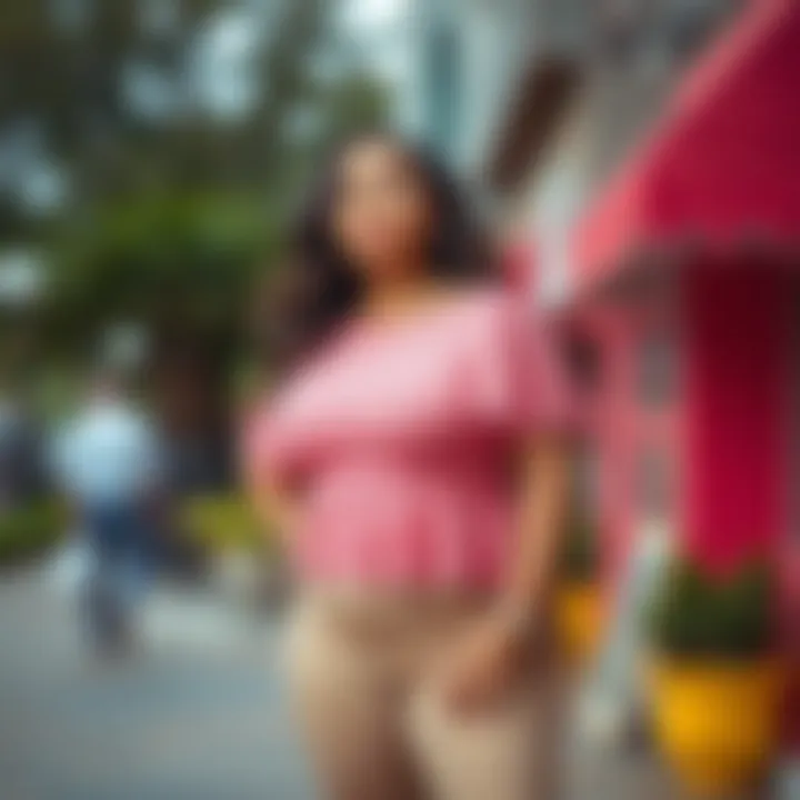 Stylish plus-size model wearing a pink lace top in a vibrant outdoor setting