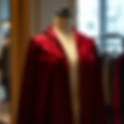 Elegant long capelet in deep burgundy fabric draped elegantly on a mannequin