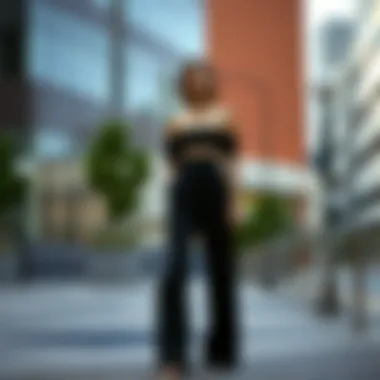 Urban Elegance of Two-Piece Off-the-Shoulder Pants Set Elegant two-piece off-the-shoulder pants set displayed in a modern urban setting