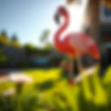 A well-maintained flamingo statue in a sunlit backyard, illustrating practical placement.