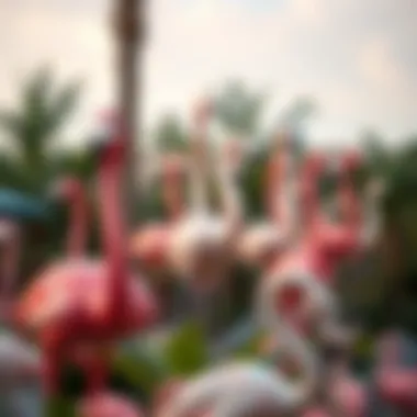 Whimsical Flamingo Display An artistic arrangement of flamingo statues creating a whimsical outdoor atmosphere.