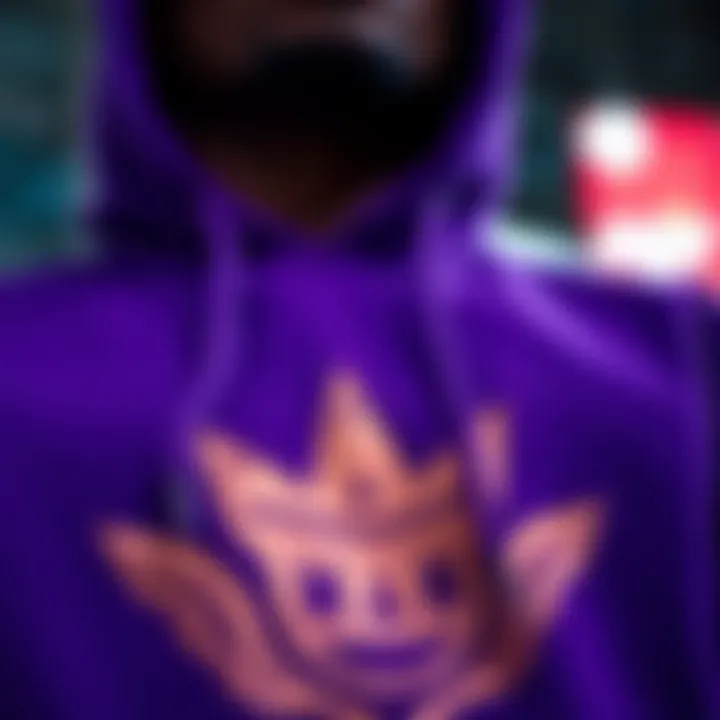 Detailing of graphic design on a purple hoodie