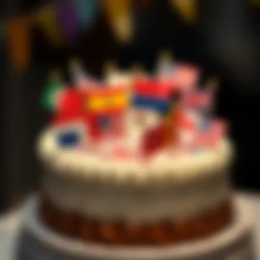 Vibrant Flag Cake Toppers on a Celebration Cake A vibrant assortment of flag cake toppers displayed on a festive cake.