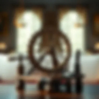 Intricate Craftsmanship of Tabletop Spinning Wheels An elegant tabletop spinning wheel showcasing intricate craftsmanship