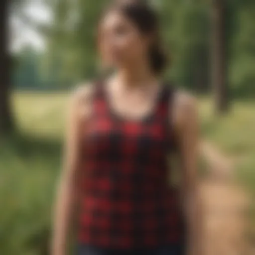 Buffalo plaid tank top displayed in a natural setting