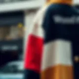 Side view of a color block wool coat showcasing its unique design