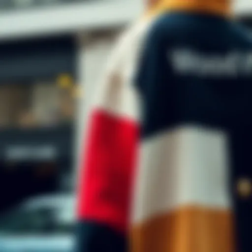 Side view of a color block wool coat showcasing its unique design