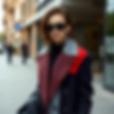A stylish model wearing a color block wool coat in an urban setting