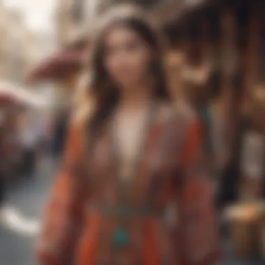Cultural Influences in Boho Fashion A vibrant market showcasing boho fashion influences and cultural elements.