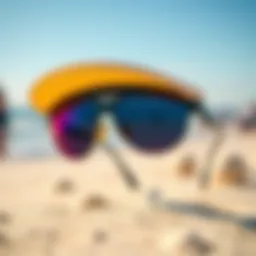 Stylish sun visor sunglasses on a beach background