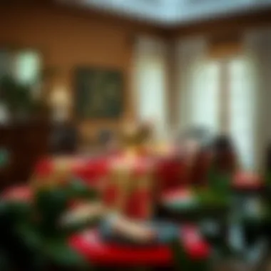 A dining table dressed with a hibiscus tablecloth, creating an inviting atmosphere for guests