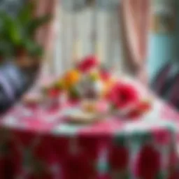 A beautifully arranged hibiscus tablecloth showcasing vibrant floral patterns in a dining setting