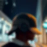 A stylish cap with integrated speakers set against a modern urban backdrop