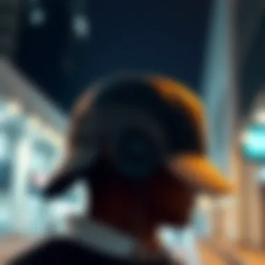 Modern Cap with Audio Integration A stylish cap with integrated speakers set against a modern urban backdrop