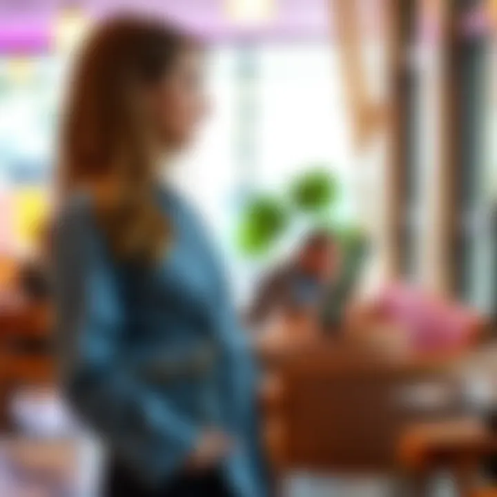 Fashion enthusiast using a net pocket handbag holder in a chic setting