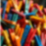 A collection of colorful wooden clothespins arranged artistically