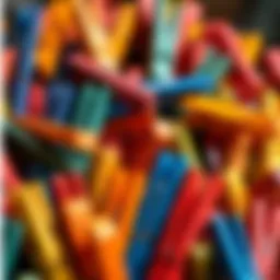 A collection of colorful wooden clothespins arranged artistically