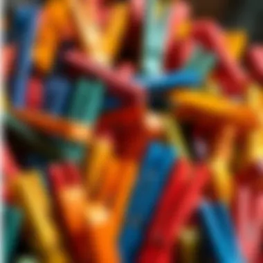 A collection of colorful wooden clothespins arranged artistically