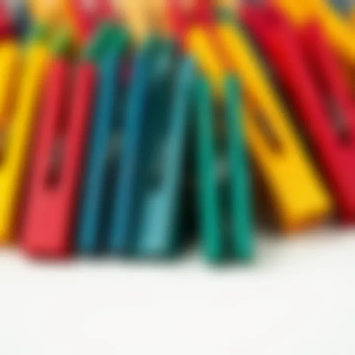 Close-up view of colored wooden clothespins showcasing their texture and finish