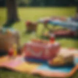 Vibrant outdoor picnic setup with colorful plastic mat