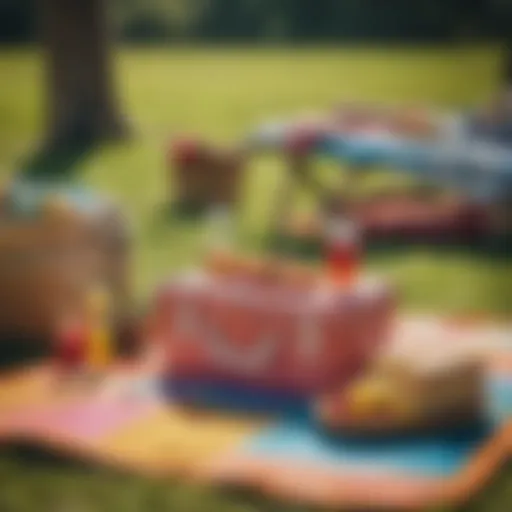 Vibrant outdoor picnic setup with colorful plastic mat