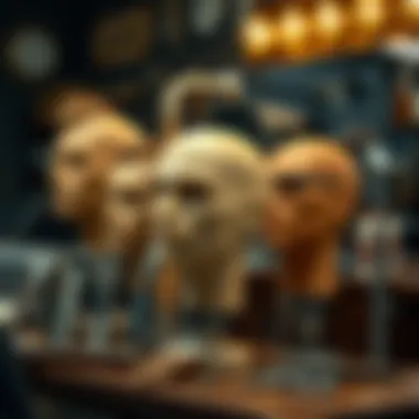 Instructional setup featuring mannequin heads and tools