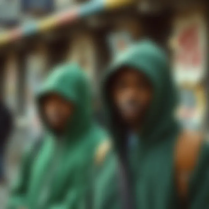 Cultural icons wearing green hoodies in urban settings