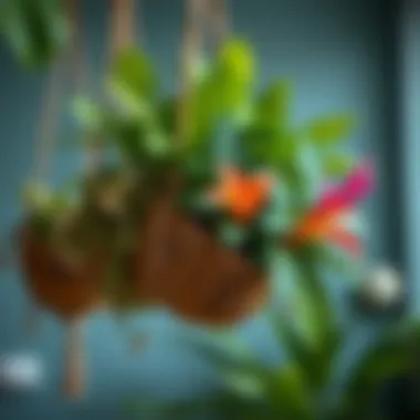 Tropical Beauty in Coconut Husk Planters Coconut husk hanging planter showcasing vibrant tropical plants.