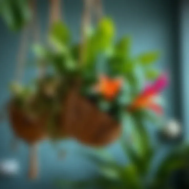 Tropical Beauty in Coconut Husk Planters Coconut husk hanging planter showcasing vibrant tropical plants.