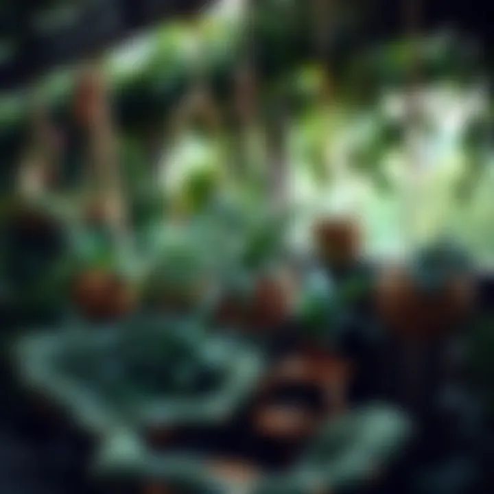 Lush Outdoor Oasis with Hanging Planters Outdoor garden setup with various coconut husk hanging planters.