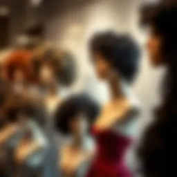 A variety of curly wig styles displayed elegantly on mannequins