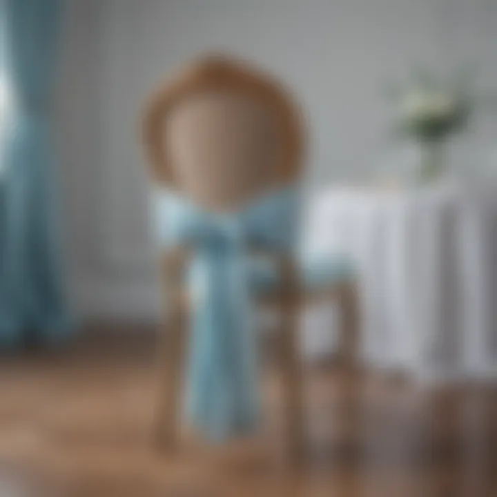 Elegant light blue spandex chair sash elegantly draped over a banquet chair