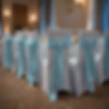 Sophisticated Event Decor with Light Blue Sashes Light blue spandex chair sashes used in a sophisticated event setting