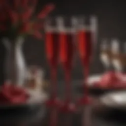 Elegant red plastic champagne flutes on a festive table setting