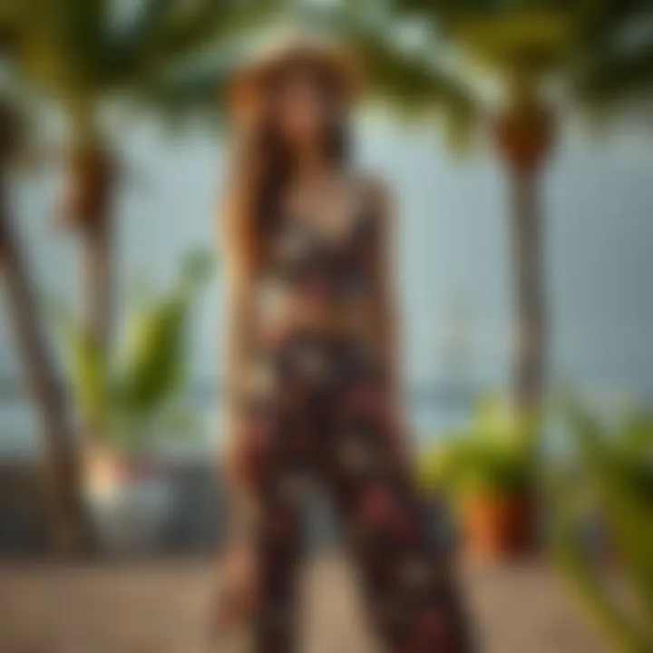 A chic outdoor setting featuring a model styled in a two-piece floral pant set, embodying contemporary fashion.