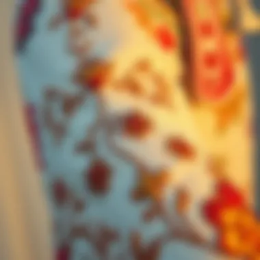 Craftsmanship in Embroidery A close-up of floral embroidery work on a pant set, highlighting craftsmanship and attention to detail.