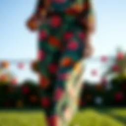 A stunning display of a two-piece floral pant set showcasing intricate patterns and vibrant colors.