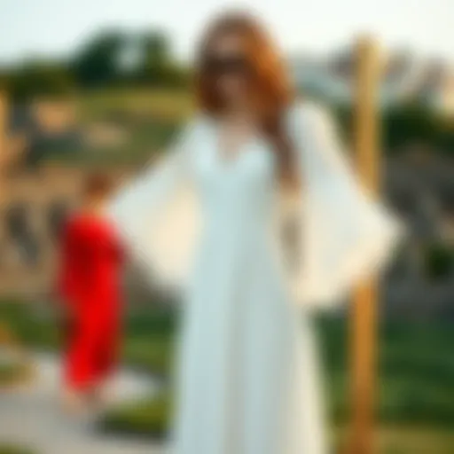 Elegant white summer dress with flowing sleeves displayed on a scenic background