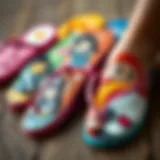 Colorful anime flip flops showcasing various character designs