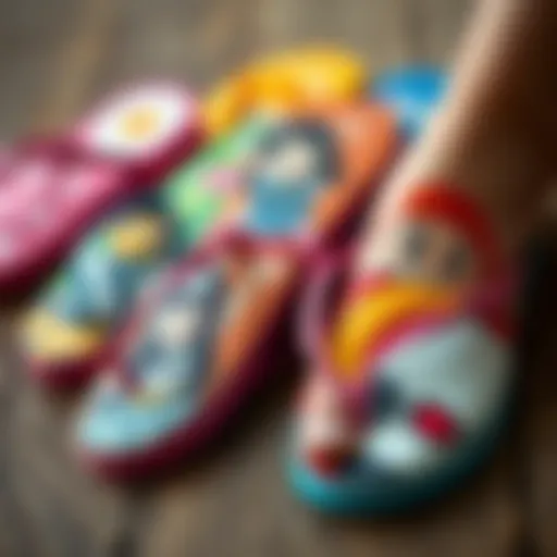 Colorful anime flip flops showcasing various character designs