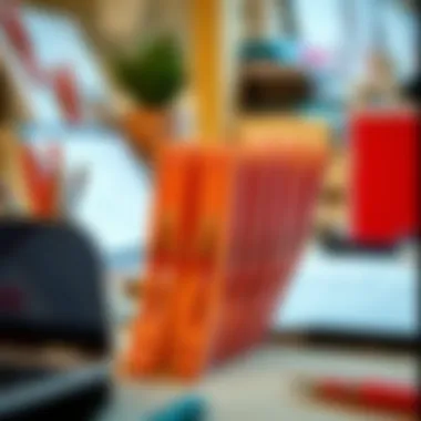 Artistic arrangement of extra large clothespins on a workspace