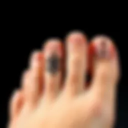 A close-up view of beautifully crafted fake toenails showcasing intricate designs.