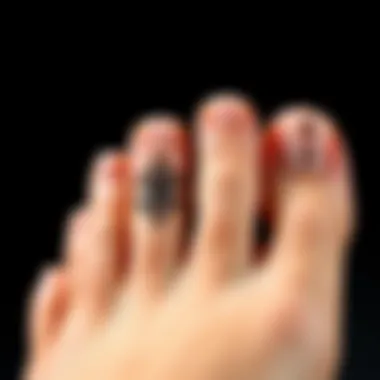 Intricately Designed Fake Toenails A close-up view of beautifully crafted fake toenails showcasing intricate designs.