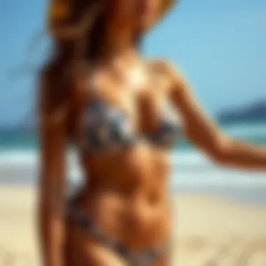Beach Elegance in Floral Model showcasing the bikini on a beach