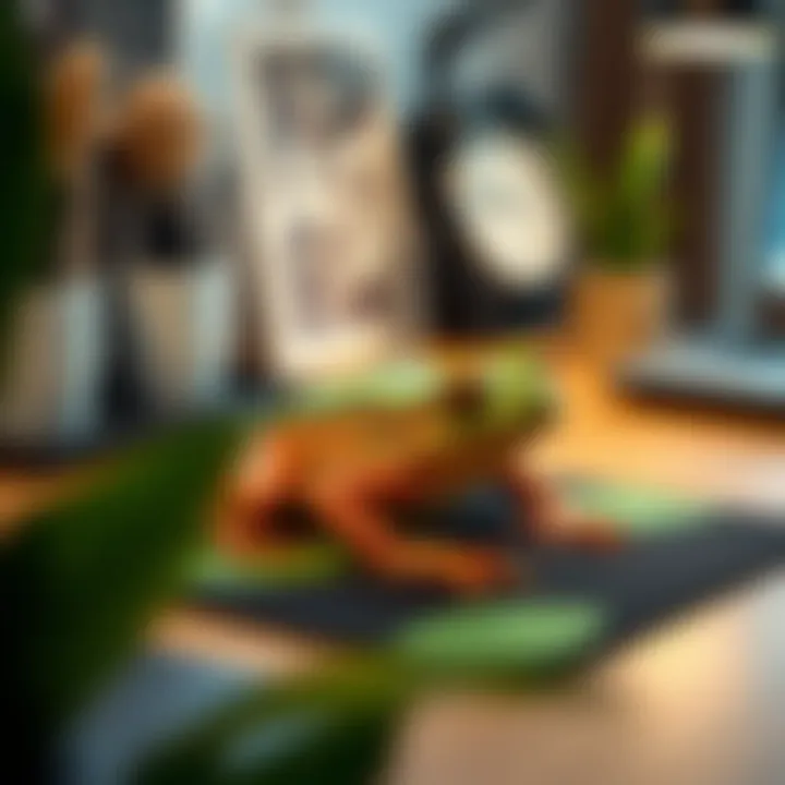 A stylish workspace featuring a frog mouse pad as a centerpiece