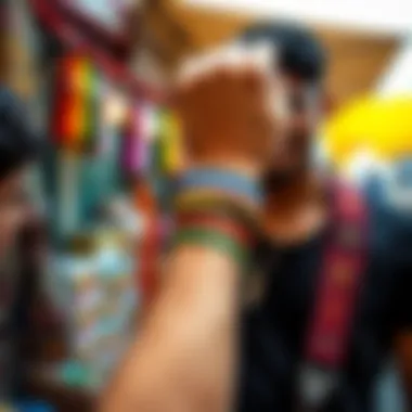 Trendy Pop Wristbands in Urban Culture A vibrant street market featuring trendy wristbands