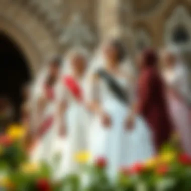 Historical depiction of brides and bridesmaids wearing traditional sashes throughout different eras