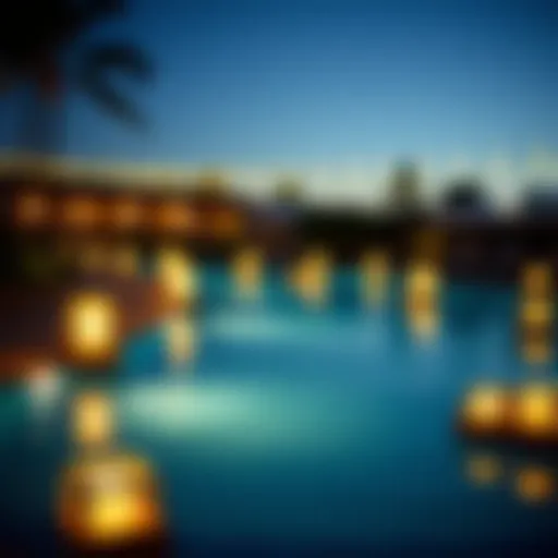 Elegant floating lanterns illuminating a pool at night